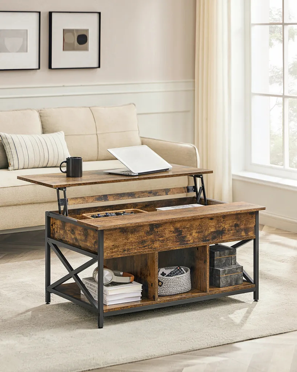 Журнальный столик трансформер VASAGLE LCT205B01V1 с регулируемой высотой, кофейный стол, открытое и скрытое хранение.