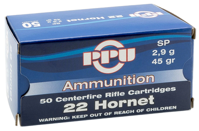 Патрон .22 Hornet PPU SP 2,9 г., коробка 50 шт.