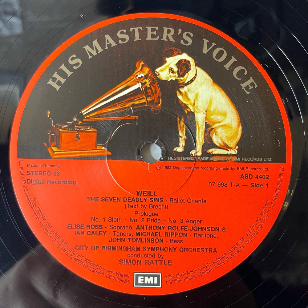 Винтажная виниловая пластинка LP Kurt Weill, Elise Ross, Simon Rattle, The Seven Deadly Sins Семь Смертных Грехов (Англия 1983)
