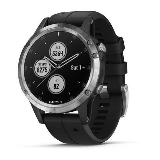 Мужские мультиспортивные часы Garmin Fenix 5 Plus - серебристые с черным ремешком 010-01988-11