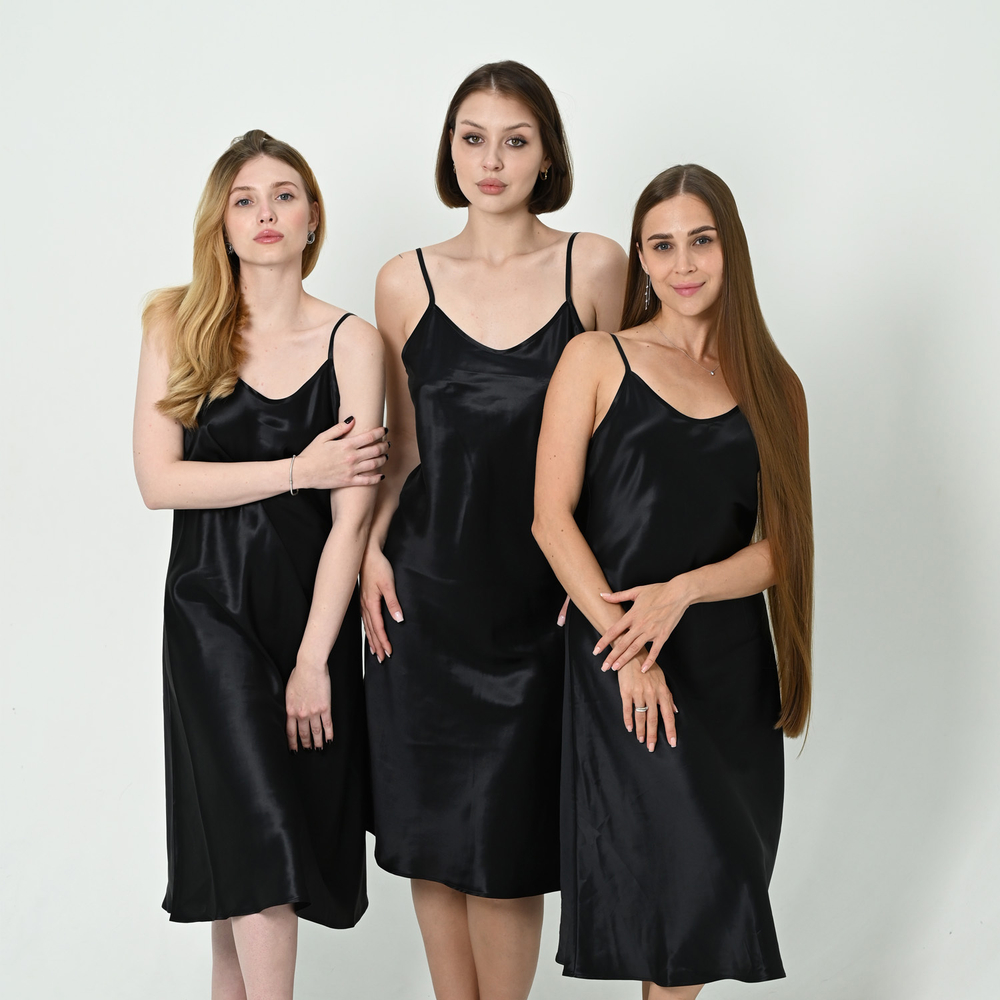 Ночная сорочка VAKSILK из натурального шёлка CLASSIC LONG ЧЁРНЫЙ АНТРАЦИТ