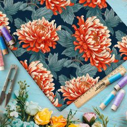 Ткань премиум флис хризантемы на сероголубых листьях