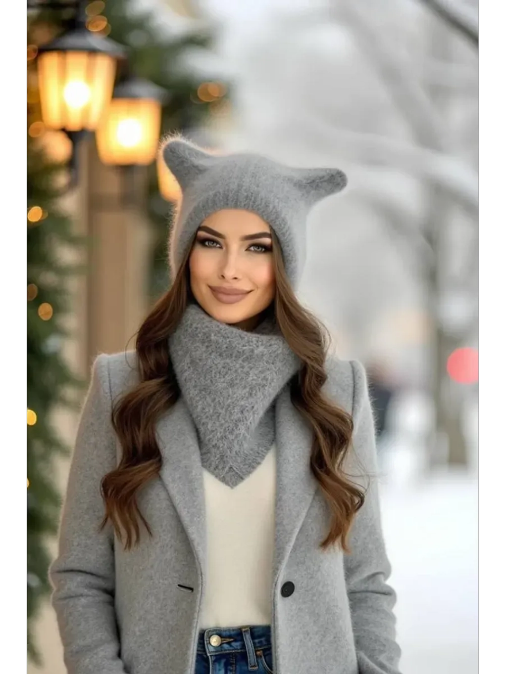 Шапка с ушками зимняя ангора вязаная