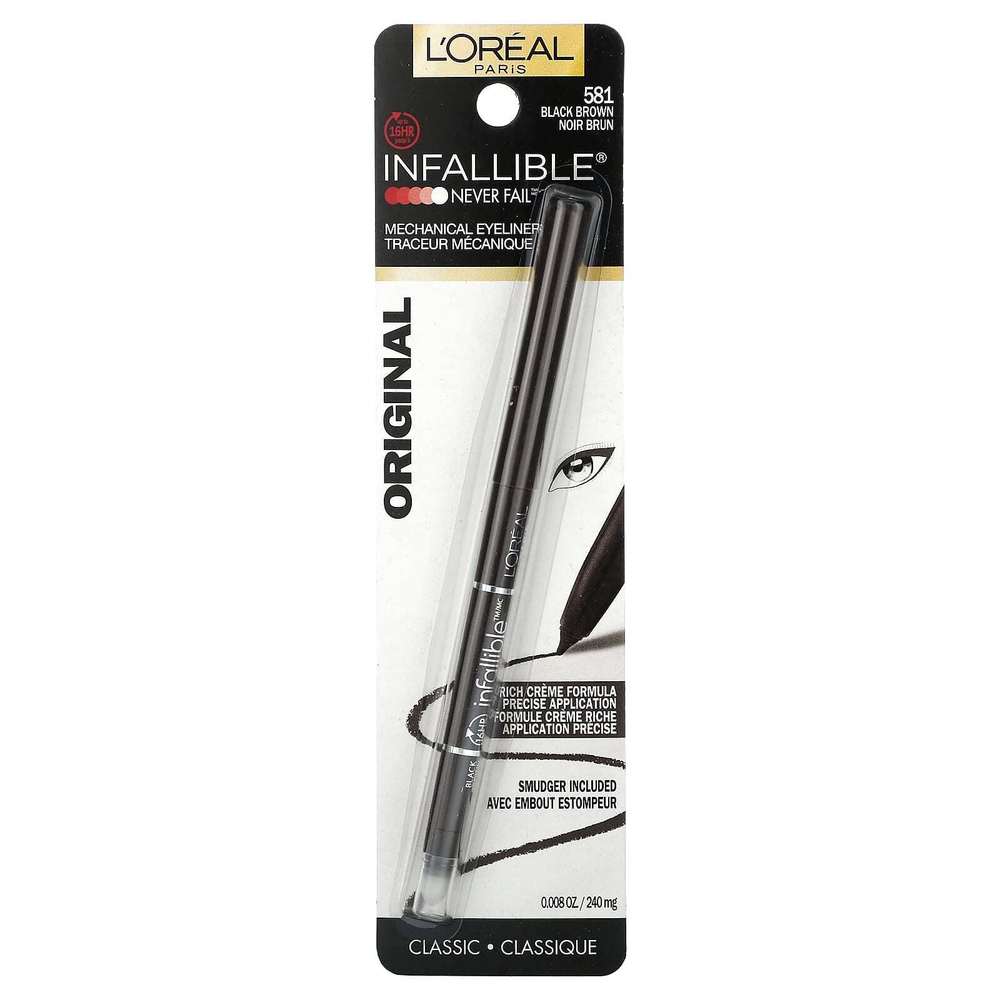 L'Oréal, Infallible, Never Fail ™, механическая подводка для глаз, оригинальный, черно-коричневый 581, 240 мг (0,008 унции)