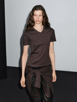 Massimo Dutti Футболка из 100% хлопка с V-образным вырезом, коричневый
