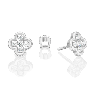 Серьги-пусеты «Клевер» из белого золота с фианитами