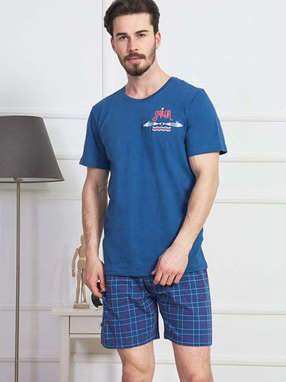 Мужской домашний комплект с синими клетчатыми шортами (Размер: L) (Цвет: серый)