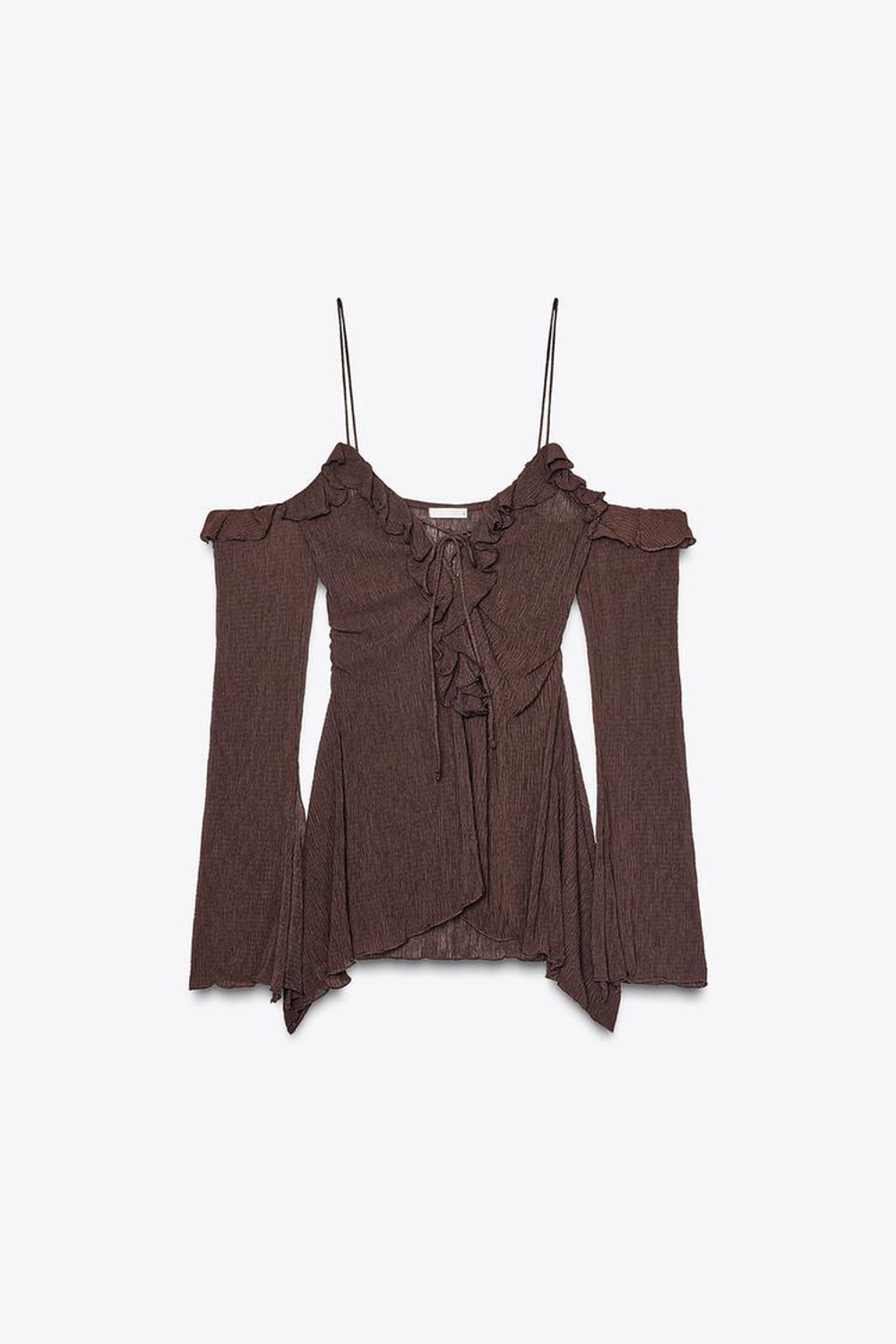 ZARA ТОП С ОТКРЫТЫМИ ПЛЕЧАМИ И ВОЛАНАМИ, КОРИЧНЕВЫЙ