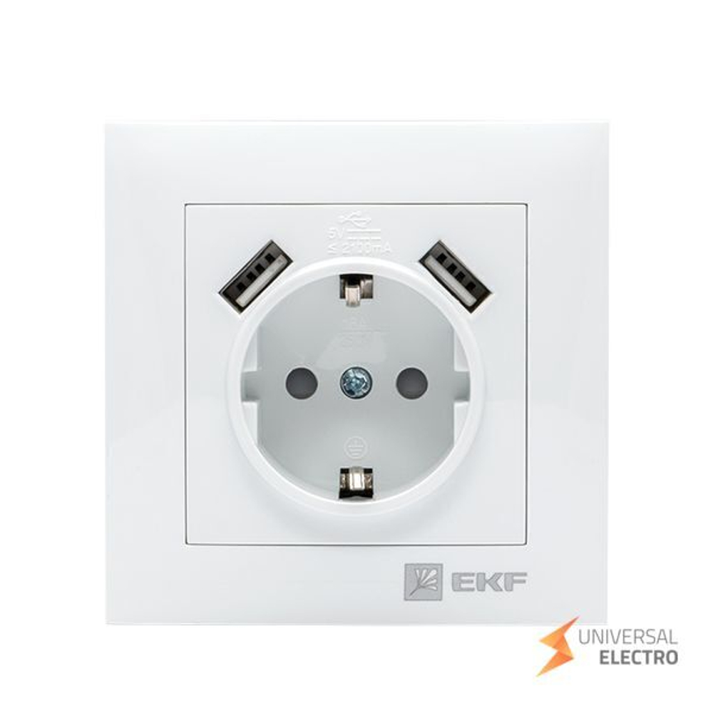Валенсия розетка 1-местная с/з 16А белая с защ, штор, с 2 USB 2,1А EKF PROxima
