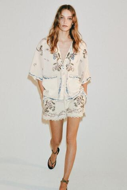 ZARA ШОРТЫ ИЗ ЛЬНА С ВЫШИВКОЙ — ZW COLLECTION, ЭКРЮ