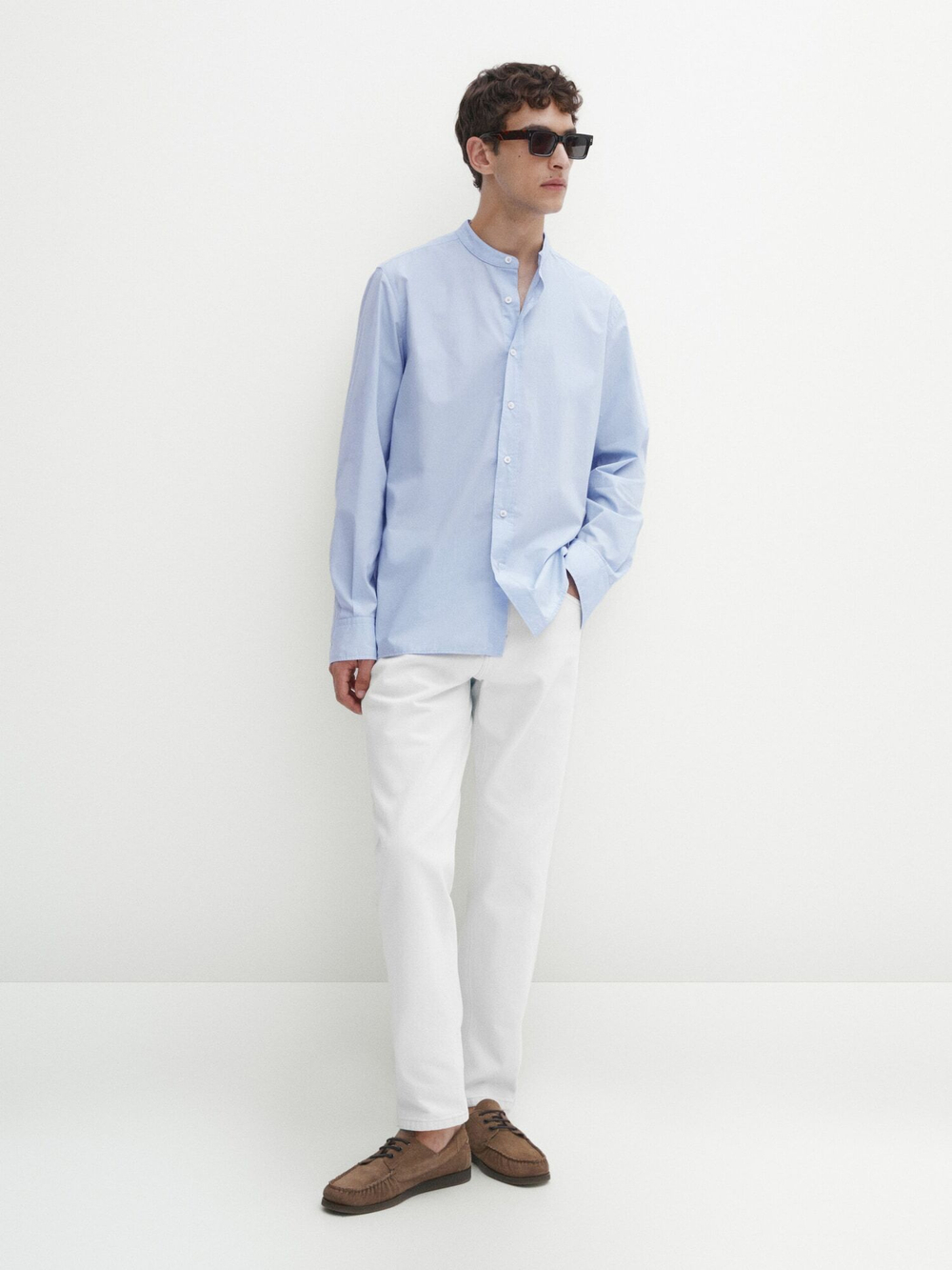 Massimo Dutti Рубашка из 100% хлопка с воротником-стойкой, небесно-голубой