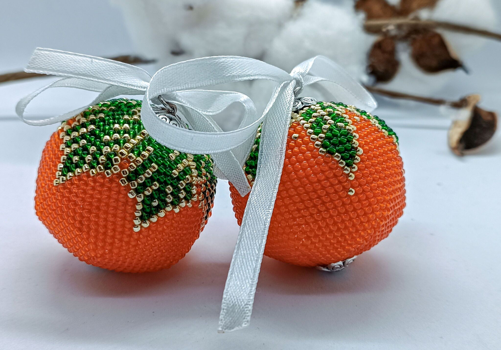 Елочная Игрушка, Шарики на Елку из Бисера, Ручная работа, Мандаринка