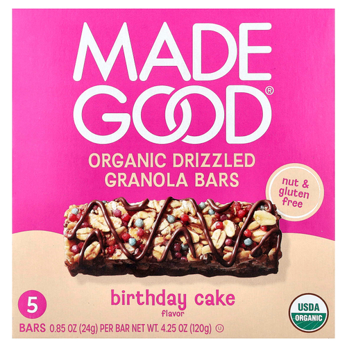 MadeGood, батончики-мюсли, органическая посыпка, торт, 5 батончиков по 24 г (0,85 унции)