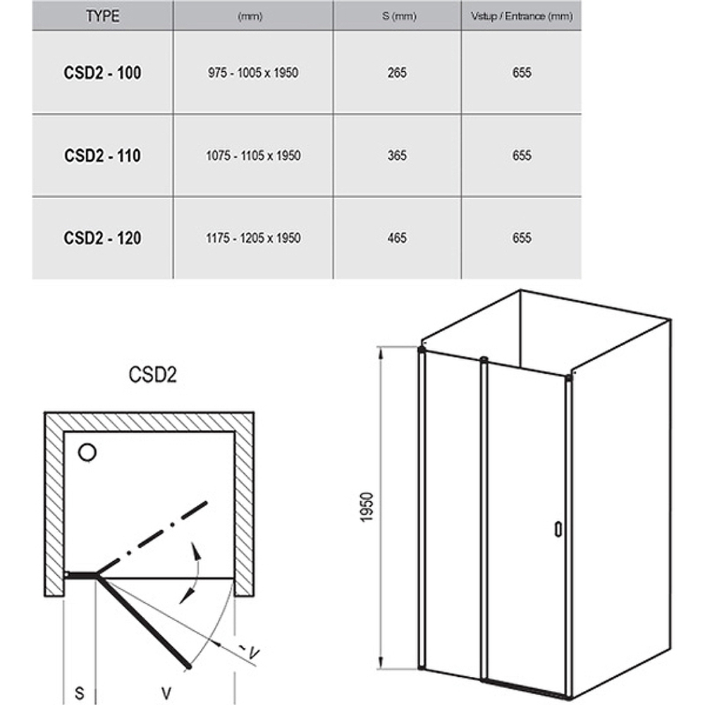 Душевая дверь Ravak Chrome CSD2-120 0QVGC100Z1 профиль Белый стекло Transparent