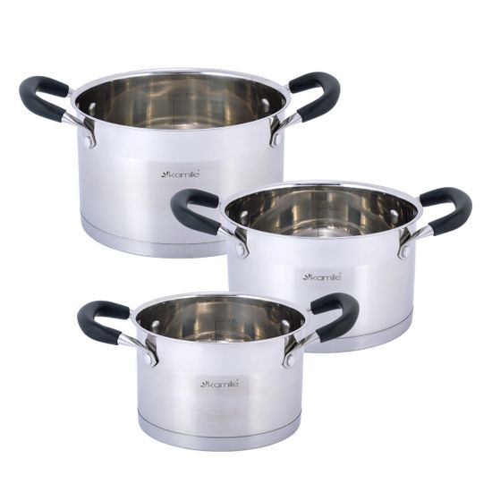 Набор кастрюль 6 предметов из нержавеющей стали Kamille KM 5752 (2,0 л; 2,7 л; 3,7 л) с силиконовыми вставками на ручках