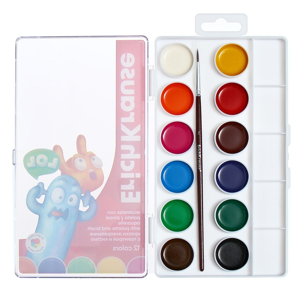 Акварель 12 цветов ErichKrause Jolly Friends , с палитрой и кистью в коробке