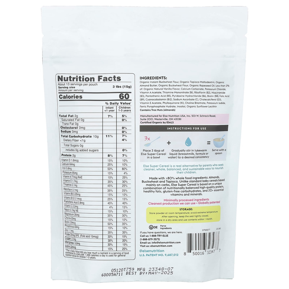 Else, Для детей, растительные хлопья с миндалем и гречкой, для детей от 6 месяцев, ваниль, 198 г (7 унций)