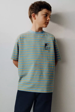 ZARA ФУТБОЛКА В ПОЛОСКУ С ВЫШИВКОЙ, СИНИЙ