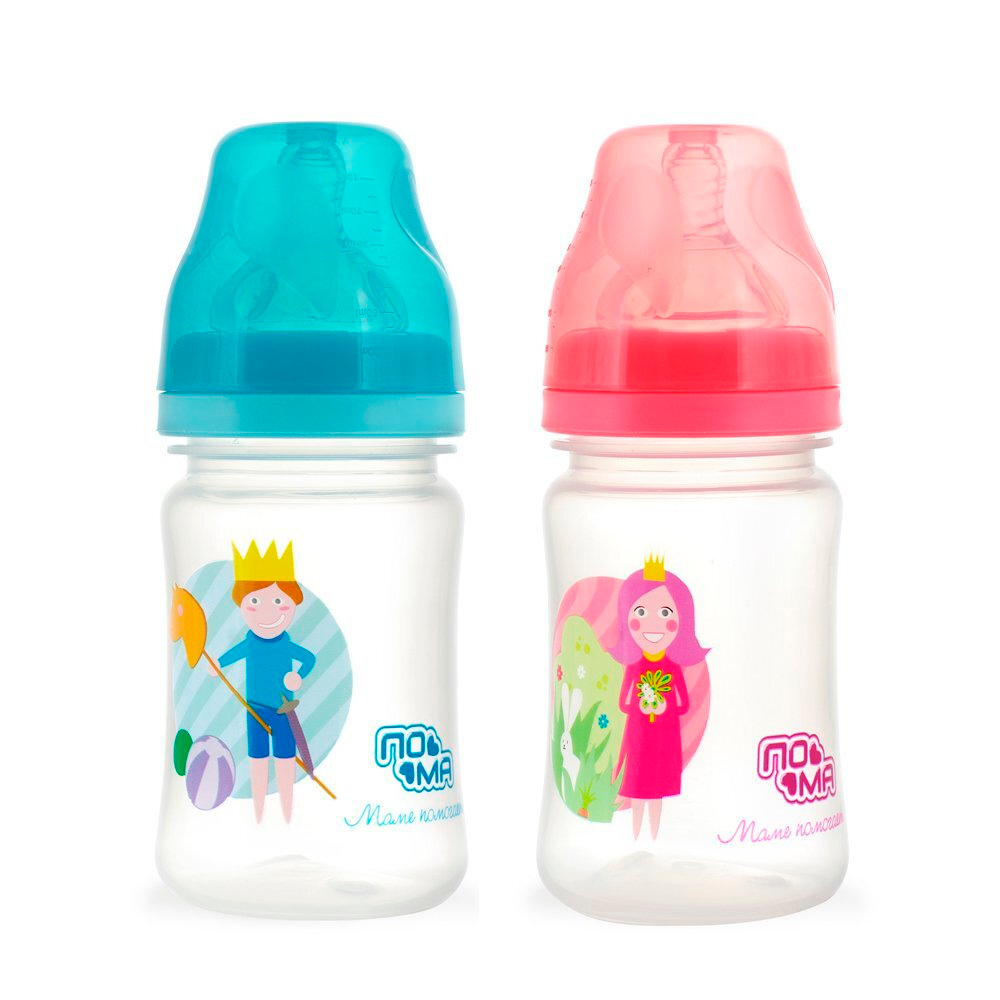 Бутылочка пластиковая с широким горлом с силиконовой соской со средним потоком ПОМА 150 мл. с 4 месяцев, голубой