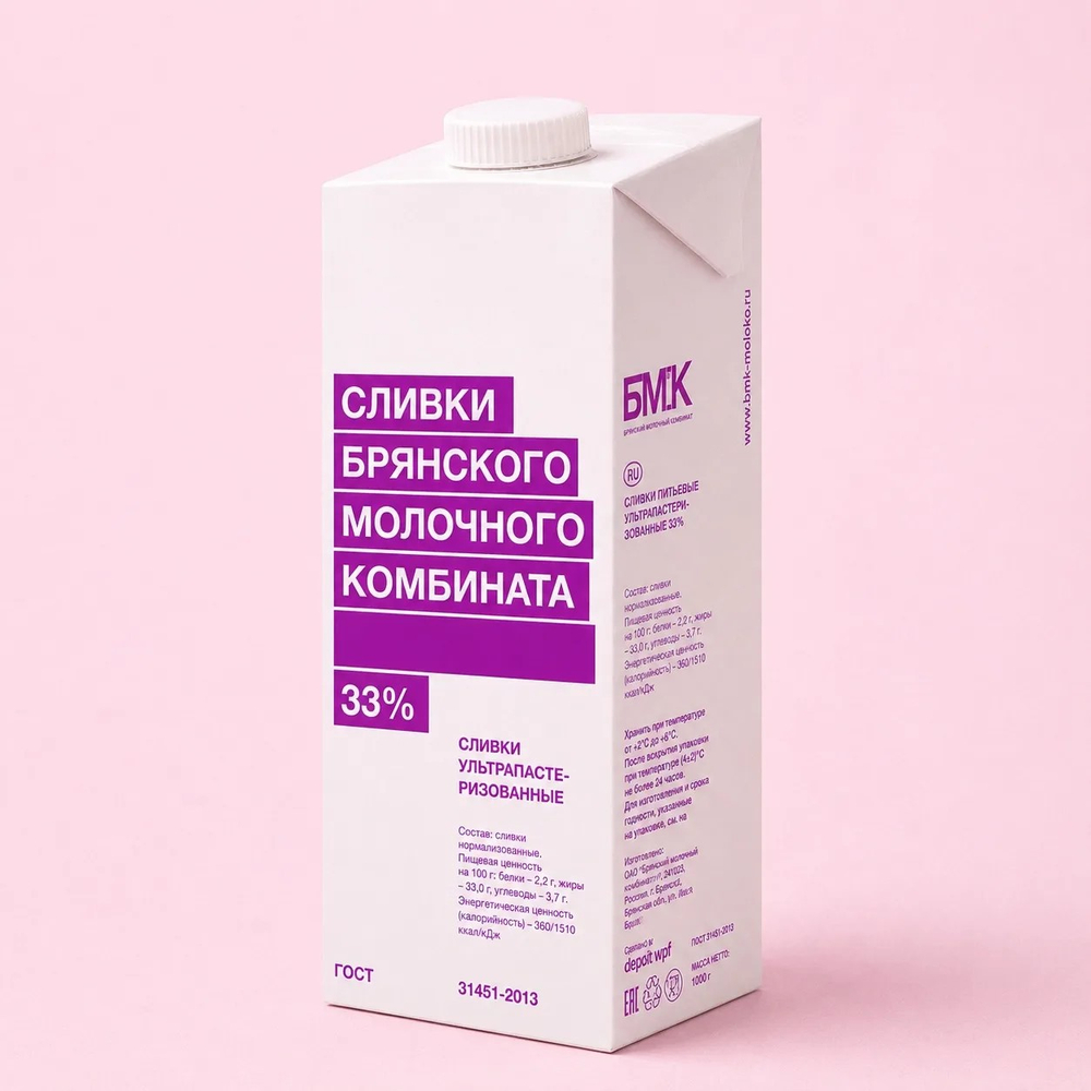 Сливки ультра пастеризованные, массовая доля жира 33 %, БМК, 1 л