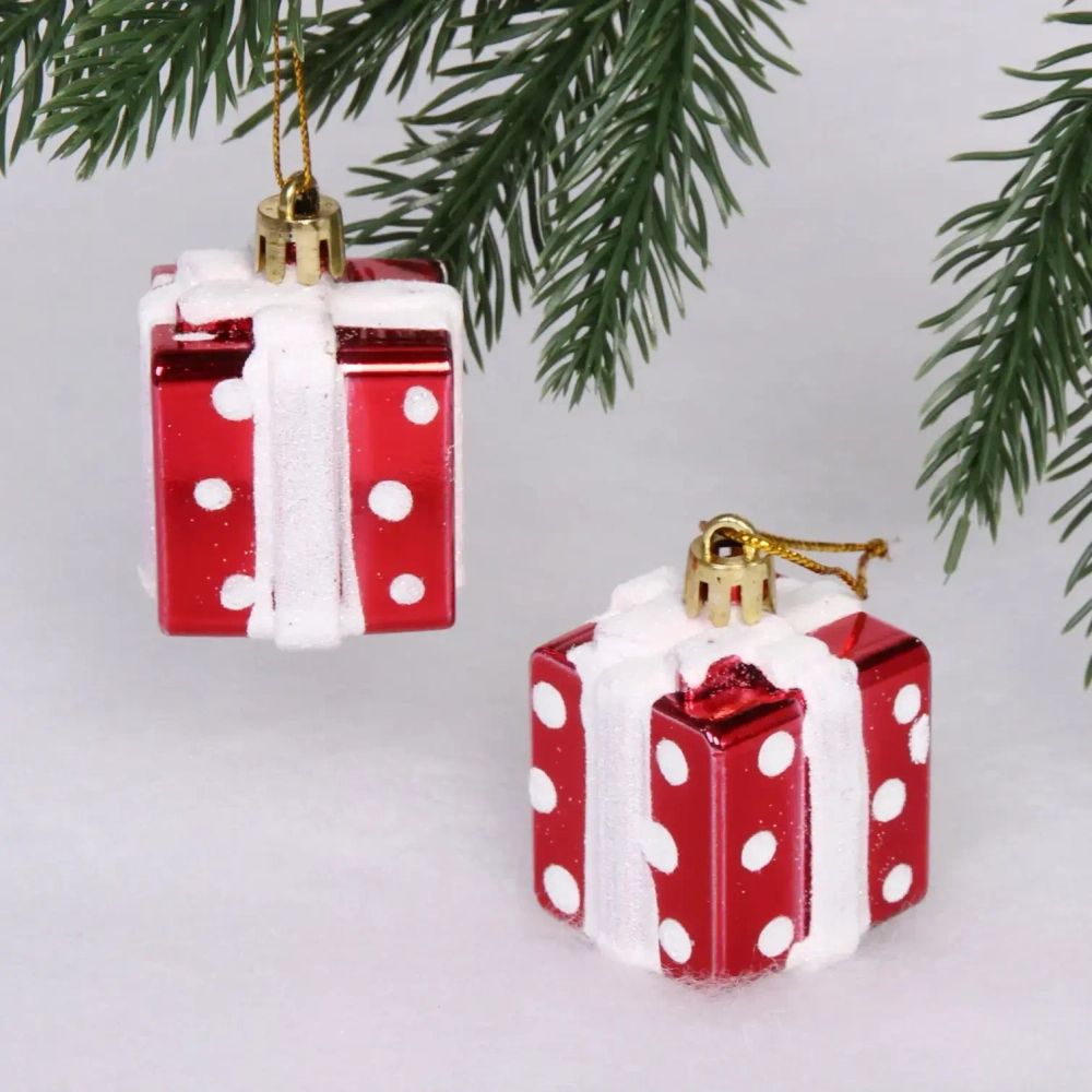 Елочные игрушки «Подарочки в горошек» 3,5 см (набор 2 шт), Красный