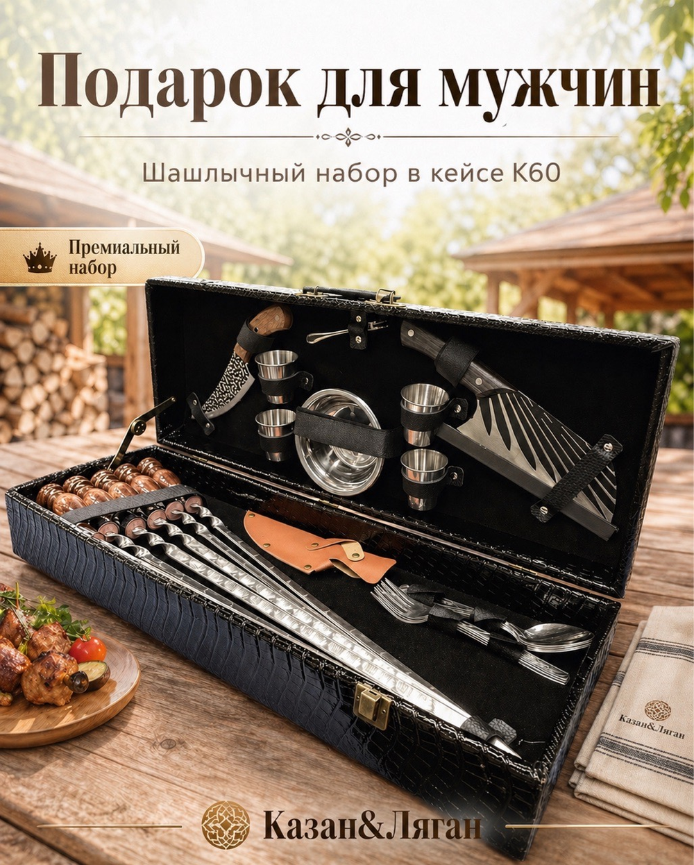 Набор К60  шашлычный набор шампуров , нож Кизляр, топорик , 4 стопки нерж , тарелки и вилки