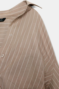 ZARA РУБАШКА ОВЕРСАЙЗ ИЗ ПОПЛИНА, КОРИЧНЕВЫЙ/ЭКРЮ