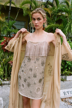 ZARA ТОП ИЗ КРЕПА С БАХРОМОЙ И БУСИНАМИ, БЕЖЕВЫЙ