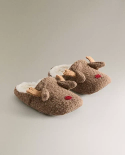 ZARA HOME УЮТНЫЕ ДЕТСКИЕ ТАПОЧКИ С ИЗОБРАЖЕНИЕМ "ОЛЕНЯ", КОРИЧНЕВЫЙ