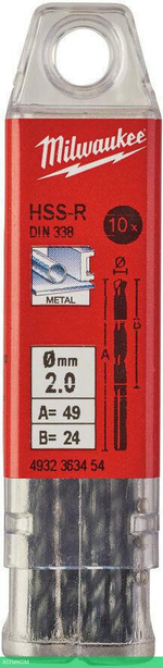 Сверло по металлу Milwaukee HSS-R 2.0мм 10шт (4932363454)