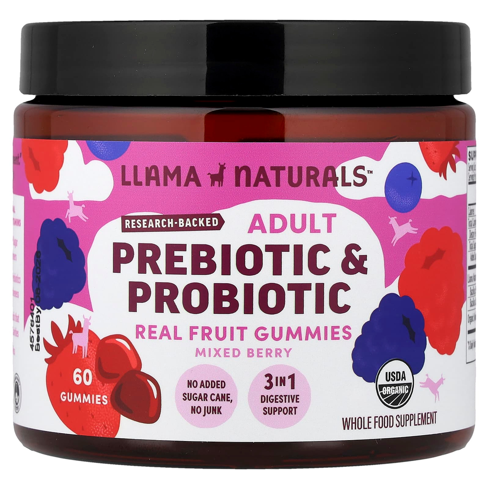Llama Naturals, пребиотики и пробиотики для взрослых, настоящие фруктовые жевательные таблетки, вкус ягод, 60 жевательных таблеток