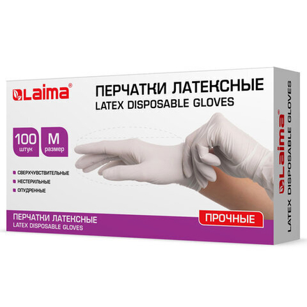 Перчатки латексные белые, 50 пар (100 шт.), опудренные, прочные, размер M (средний), LAIMA