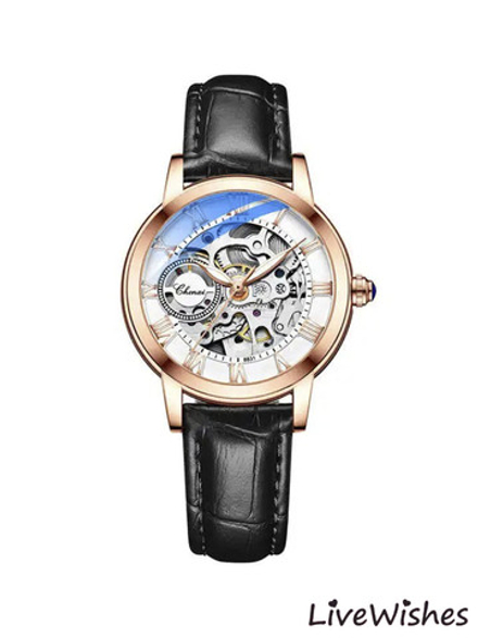 Часы наручные механические с автоподзаводом скелетоны CHENXI на кожаном ремешке, медный/черный W9090-02