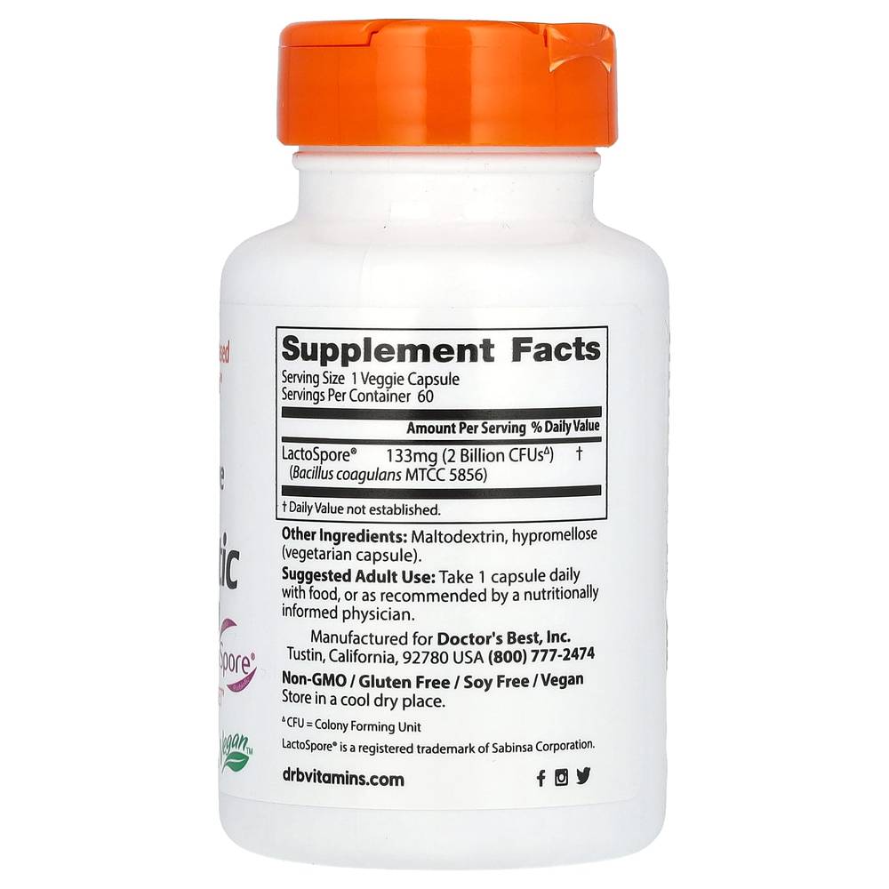 Doctor's Best, Здоровье пищеварительной системы, 2 миллиарда пробиотиков с LactoSpore, 2 миллиарда, 60 растительных капсул