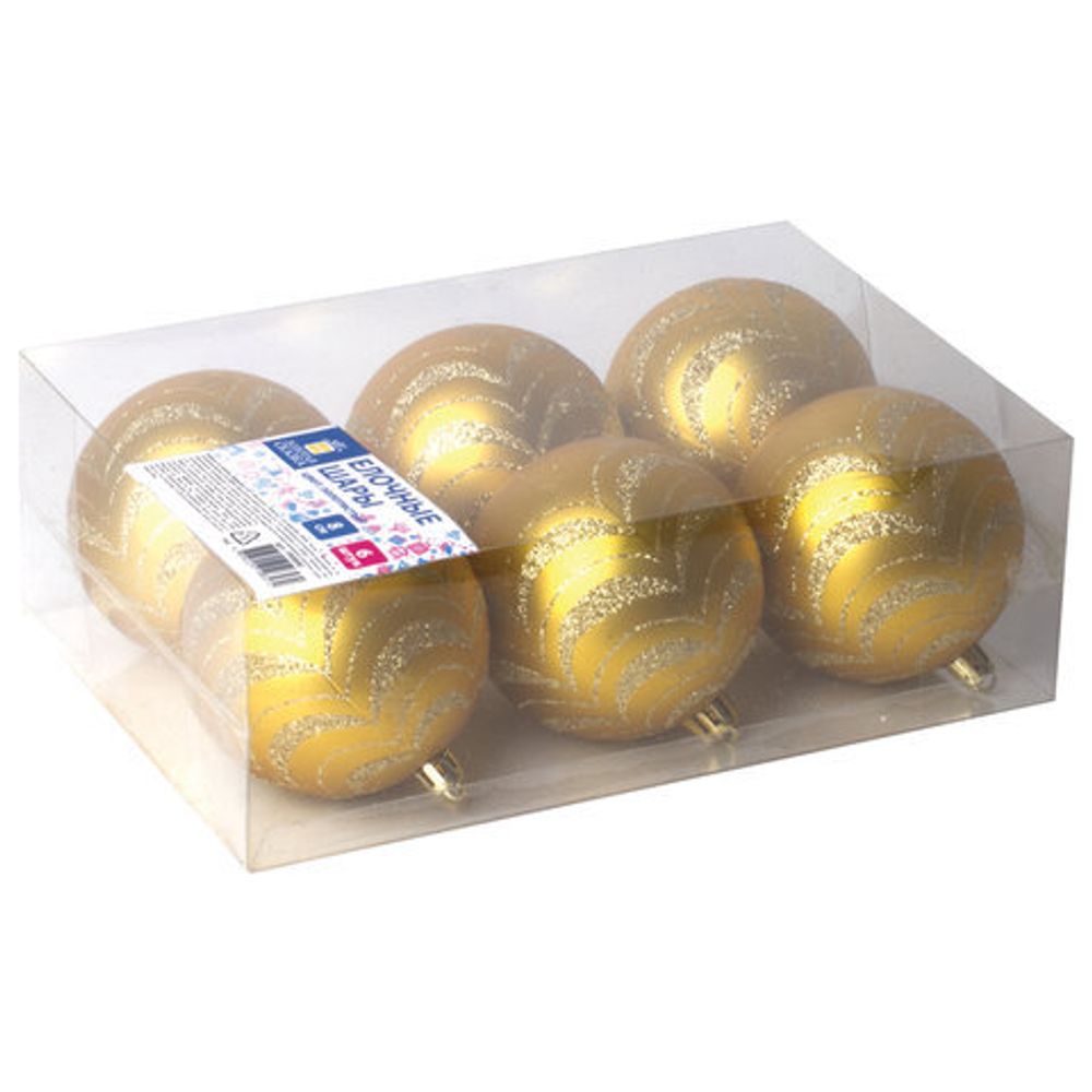 Шары ёлочные 6 шт., 8 см, "Basic Art", пластик, золотистые матовые с узором, ЗОЛОТАЯ СКАЗКА, 590890