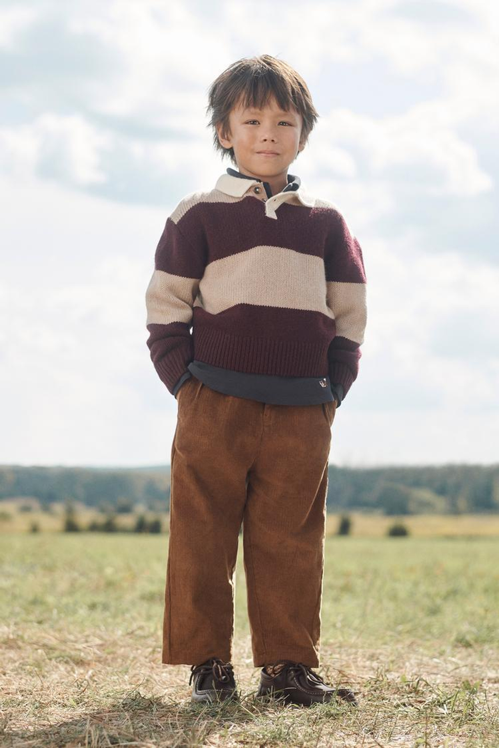 ZARA ВЯЗАНЫЙ СВИТЕР-ПОЛО, БОРДОВЫЙ/ЭКРЮ