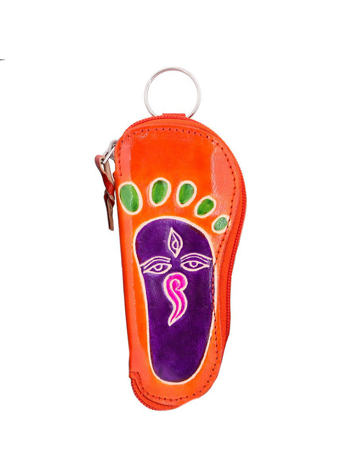 Футляр для ключей (Ключница) цвет оранжевый, Стопа, натуральная кожа, ручной принт 14х1х6 см