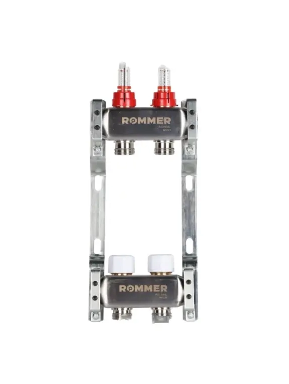 Колекторная группа для теплого пола из нержавеющей стали Rommer 1* х 3/4* - 2 выхода (с расходомерами)