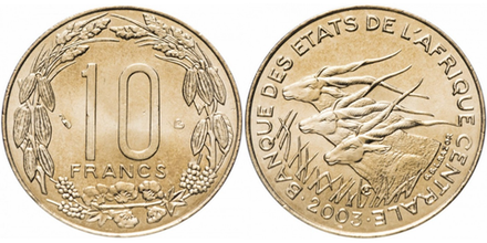 Центральная Африка (BEAC) 10 франков, 1974 - 2003 Антилопы XF