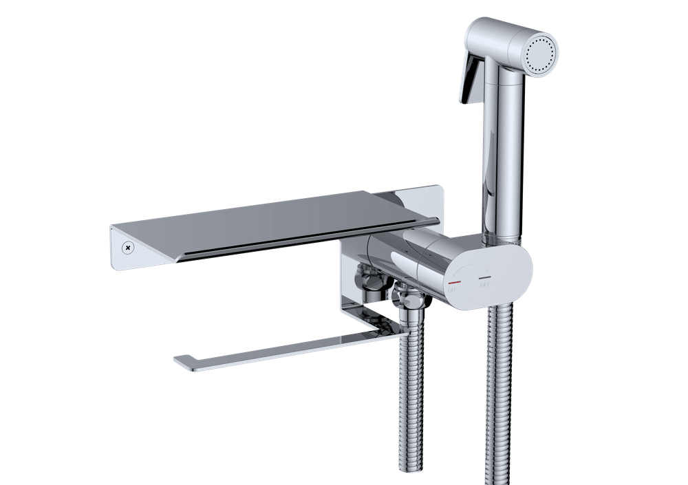 Гигиенический смеситель встроенный c полкой, лейка, шланг в комплекте - RGW SP-221, хром