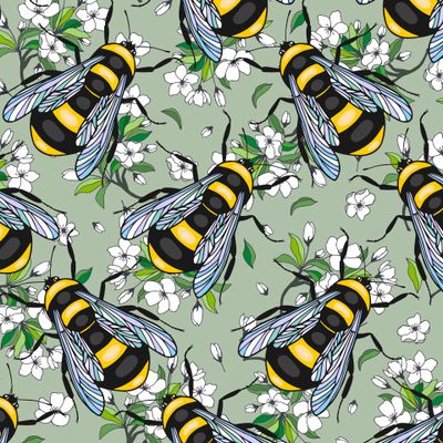 Bumblebee insect seamless pattern and rose flowers.