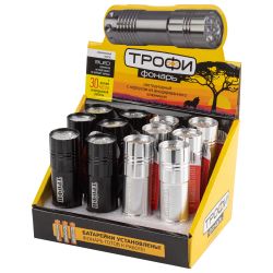 Светодиодный фонарь Трофи TM9-box12 ручной на батарейках в промо-боксе алюминиевый | Трофи
