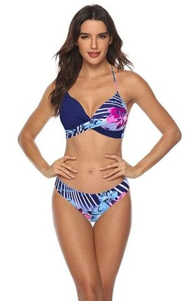 Синий раздельный купальник с принтом в виде орхидей (Размер: XXXL) (Цвет: разноцветный)