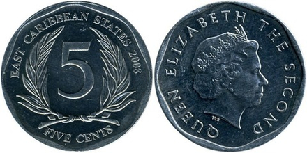 Восточные Карибы 5 центов, 2002-2022 Королева Елизавета II UNC