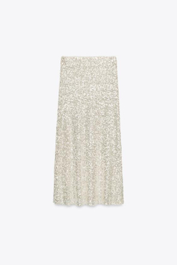ZARA ЮБКА МИДИ С ПАЙЕТКАМИ, СЕРЕБРИСТЫЙ