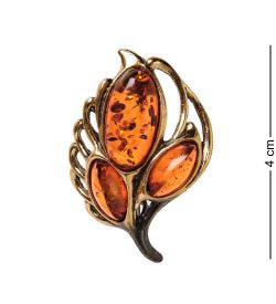 AM-2573 Брошь «Винтажный листик» (латунь, янтарь)
