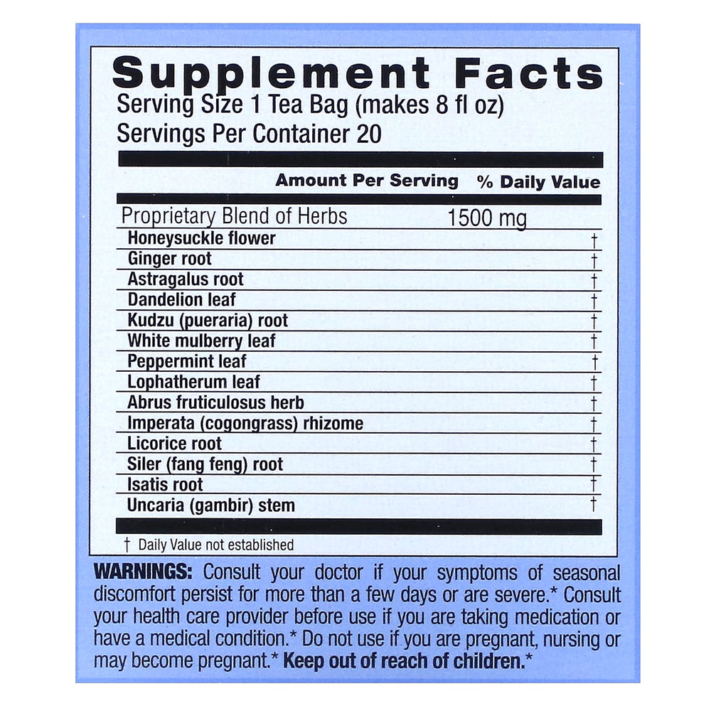 Triple Leaf Tea, травяной чай от простуды и гриппа, без кофеина, 20 чайных пакетиков, 30 г (1,06 унции)