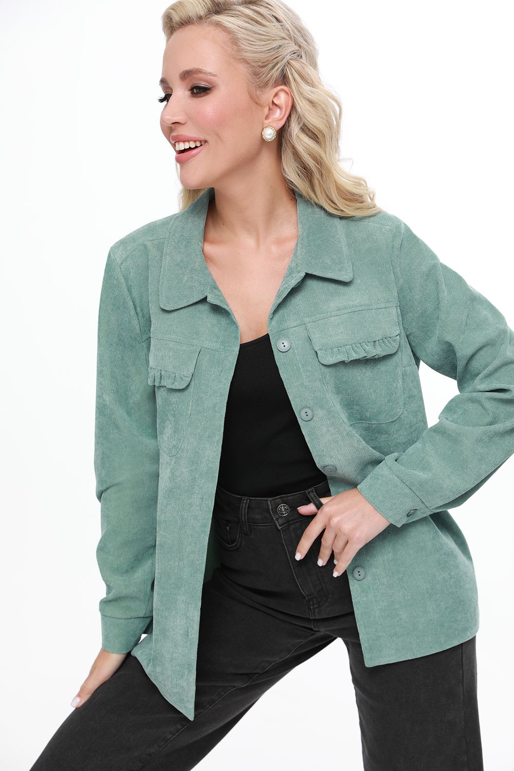 Рубашка из микровельвета с карманами зеленая DStrend (Акция)