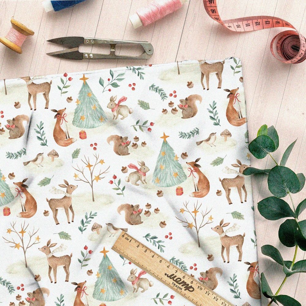 Ткань поплин зверьки возле ёлки