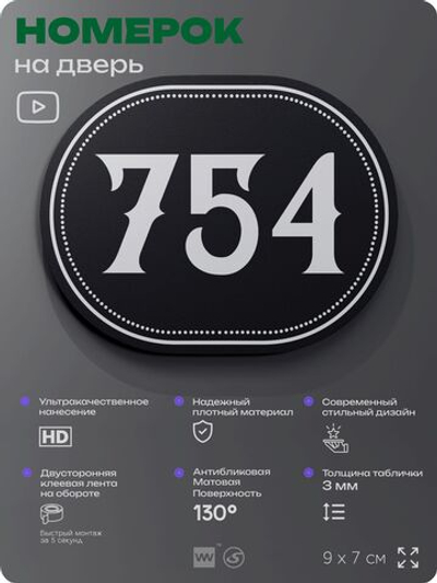 Номерок на дверь квартиры 754, для кабинета, офиса, шильдик 9 х 7 см, черный, Айдентика Технолоджи